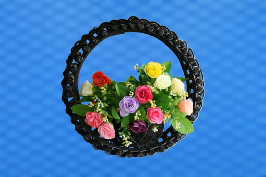 Rose basket on blue background