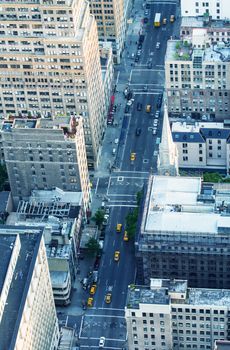 Aerial view of New York Buildings and Skyscrapers at dusk.