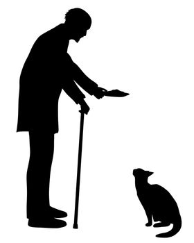 Illustration of an old man feeding his cat