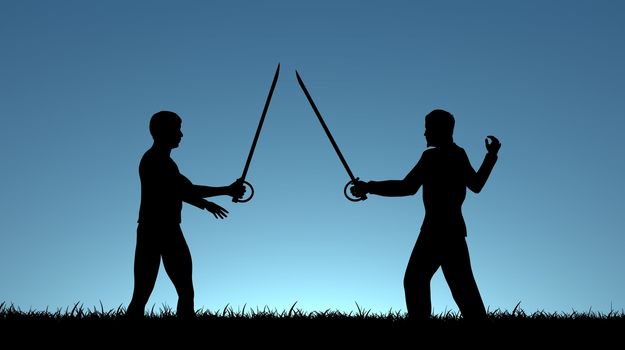 Illustration of two men sword fighting