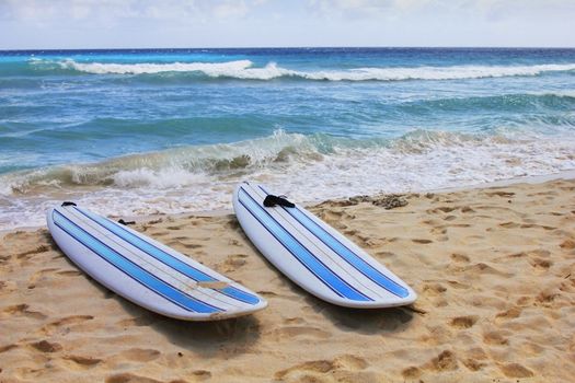 Surfboards at Dover beach on island Barbados on sandy shore by ocean