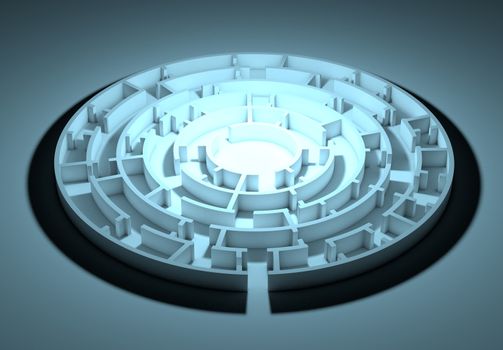 Dark round maze with an illuminated center. conceptual image