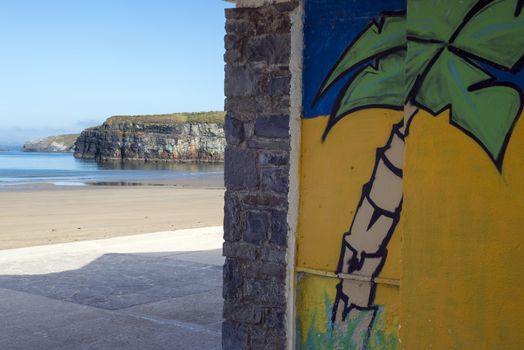 palm tree mural at a shelter on ballybunion beach county kerry ireland
