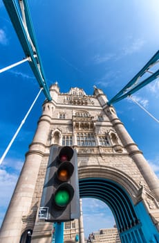 London. Tower Bridge structure on a sunny day.