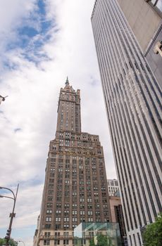 Street skyline of Lower Manhattan on a beautiful sunny day.