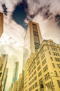 Street skyline of Lower Manhattan on a beautiful sunny day.