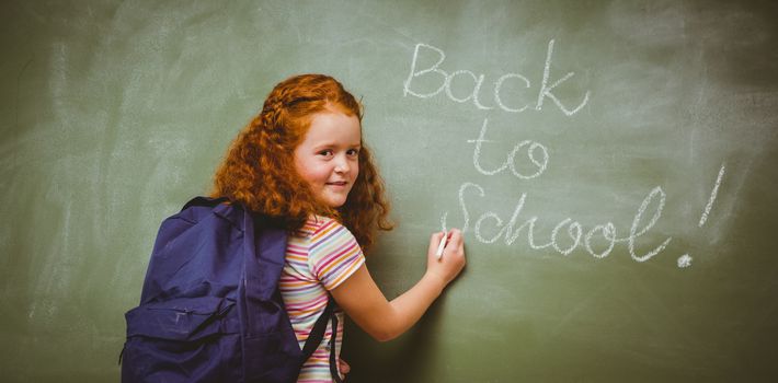 Portrait of cute little girl writing on blackboard in the classroom