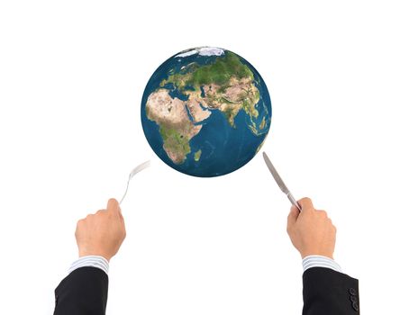 World globe ball with fork and knife isolated on white background, Elements of this image furnished by NASA