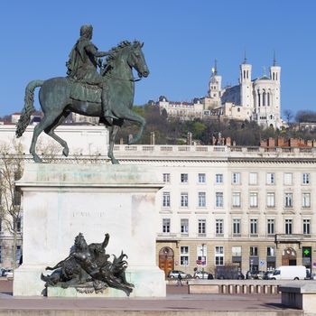 Statue  and Basilica on a background, Lyon, France.