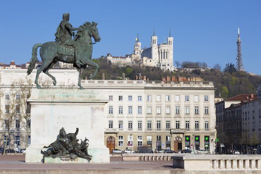 View of Statue and Basilica on a background, Lyon, France.