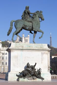 Vertical view of Statue and Basilica in Lyon, France.