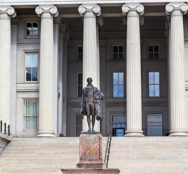 US Treasury Department Alexander Hamilton Statue Washington DC James Fraser Statue dedicated 1923.  One of the founding fathers of the United States, Alexander Hamilton was the first Secretary of the Treasury in George Washington's cabinet.  He was also Chief of Staff to General Washington in the American Revolution.  Involved in writing Constitution, also wrote the Federalist Papers.