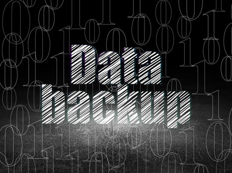 Data concept: Glowing text Data Backup in grunge dark room with Dirty Floor, black background with  Binary Code, 3d render