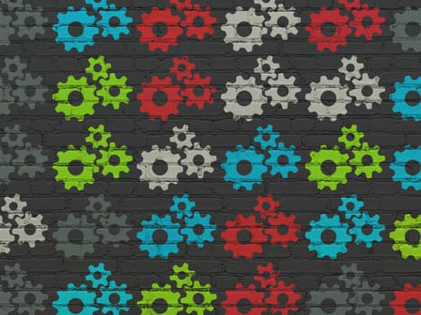Information concept: Painted multicolor Gears icons on Black Brick wall background, 3d render