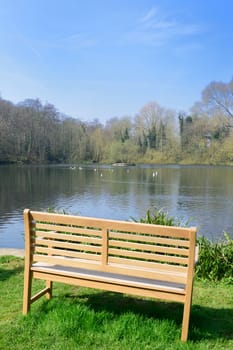 Empty wooden bench overlooking lake