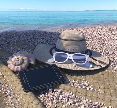 relaxing vacation concept background with seashell, iphone and beach accessories