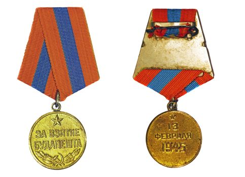 Medal "For the Capture of Budapest" (with the reverse side) on a white background