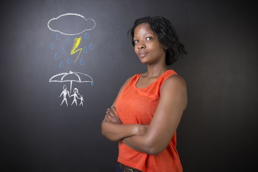 South African or African American woman teacher or student thinking about protecting family from natural disaster on blackboard background