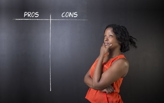 South African or African American woman teacher or student thinking pros and cons decision list chalk concept blackboard background