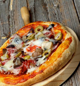 Homemade Pizza with Edible Mushrooms, Tomatoes, Green Olives, Salami and Grated Cheese on Circle Cutting Board closeup on Rustic Wooden background