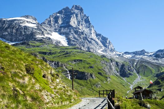 Landscape on the mountains Cervino from the path near the chapel of alpines in a beautiful summer day