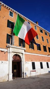Italian Flag, flying from building in Venice