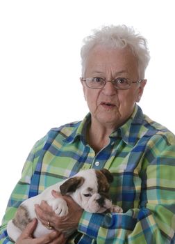 senior woman with bulldog puppy on white background