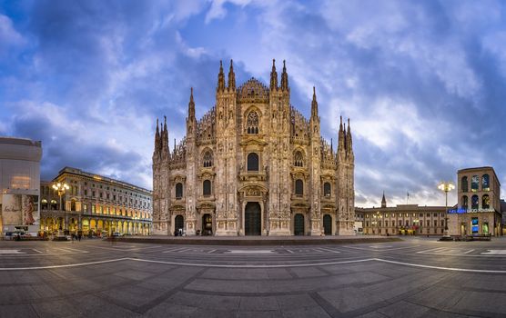 MILAN, ITALY - JANUARY 13, 2015: Duomo di Milano (Milan Cathedral) and Piazza del Duomo in Milan, Italy. Milan's Duomo is the second largest Catholic cathedral in the world.