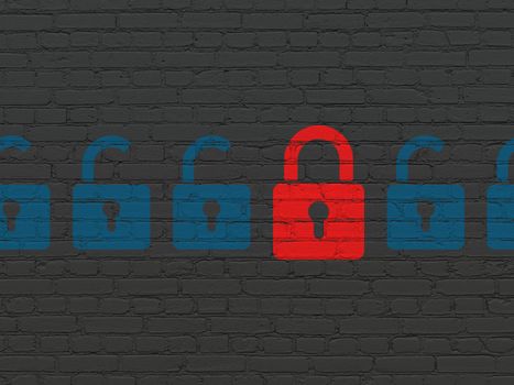 Protection concept: row of Painted blue opened padlock icons around red closed padlock icon on Black Brick wall background, 3d render