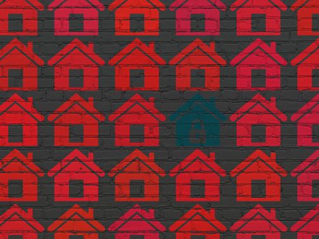 Privacy concept: rows of Painted red home icons around blue home icon on Black Brick wall background, 3d render