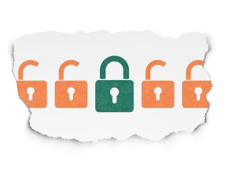 Privacy concept: row of Painted orange opened padlock icons around green closed padlock icon on Torn Paper background, 3d render
