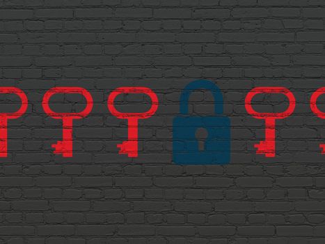 Protection concept: row of Painted red key icons around blue closed padlock icon on Black Brick wall background, 3d render