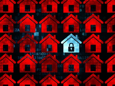 Privacy concept: rows of Pixelated red home icons around blue home icon on Digital background, 3d render
