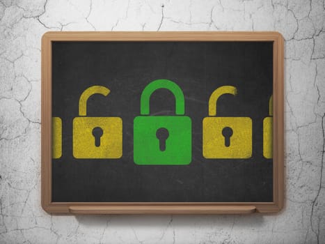 Privacy concept: row of Painted yellow opened padlock icons around green closed padlock icon on School Board background, 3d render
