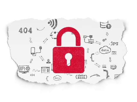Protection concept: Painted red Closed Padlock icon on Torn Paper background with Scheme Of Hand Drawn Programming Icons, 3d render