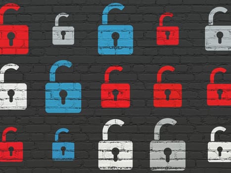 Security concept: Painted multicolor Opened Padlock icons on Black Brick wall background, 3d render