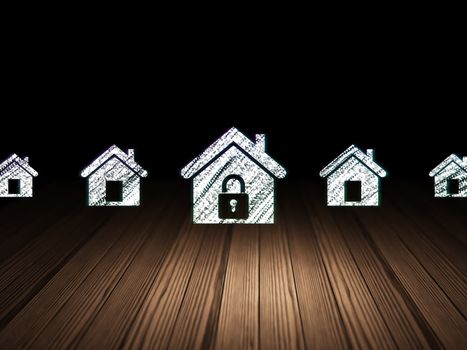 Security concept: row of Glowing home icons around home icon in grunge dark room Wooden Floor, dark background, 3d render