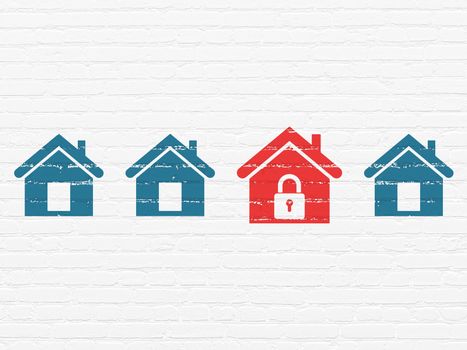 Security concept: row of Painted blue home icons around red home icon on White Brick wall background, 3d render