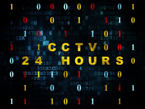 Privacy concept: Pixelated yellow text CCTV 24 hours on Digital background with Binary Code, 3d render