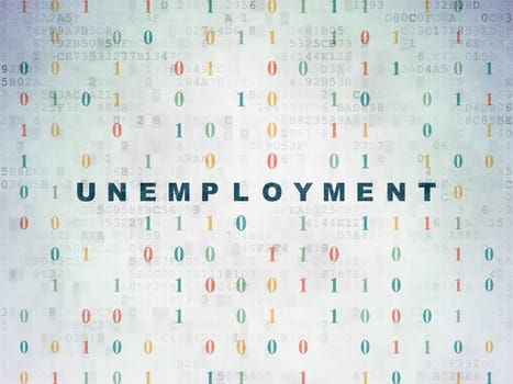 Business concept: Painted blue text Unemployment on Digital Paper background with Binary Code, 3d render