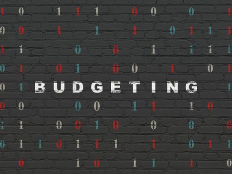 Finance concept: Painted white text Budgeting on Black Brick wall background with Binary Code, 3d render