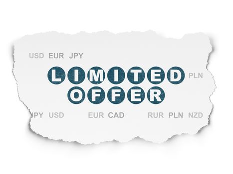Finance concept: Painted blue text Limited Offer on Torn Paper background with  Currency, 3d render