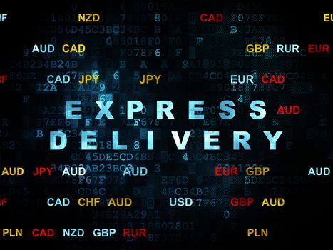 Business concept: Pixelated blue text Express Delivery on Digital wall background with Currency, 3d render