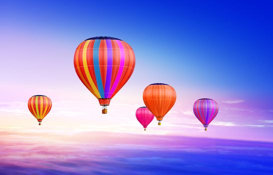 Many colorful hot air balloons in blue sky