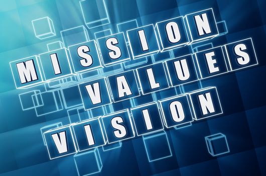 mission, values, vision - - text in 3d blue glass cubes with white letters, business cultural riches concept words