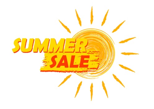summer sale banner - text in yellow and orange drawn label with sun symbol, business seasonal shopping concept