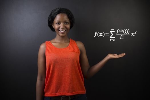 Learn Math or Maths South African or African American woman teacher or student chalk blackboard background
