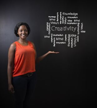 South African or African American woman teacher or student against blackboard background with chalk creativity diagram