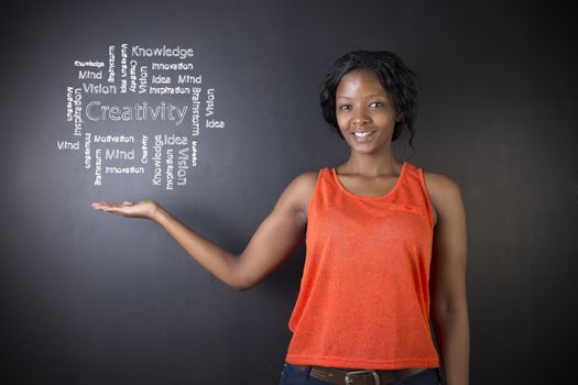 South African or African American woman teacher or student against blackboard background with chalk creativity diagram