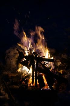  Night fire with sparks in a forest in winter                              